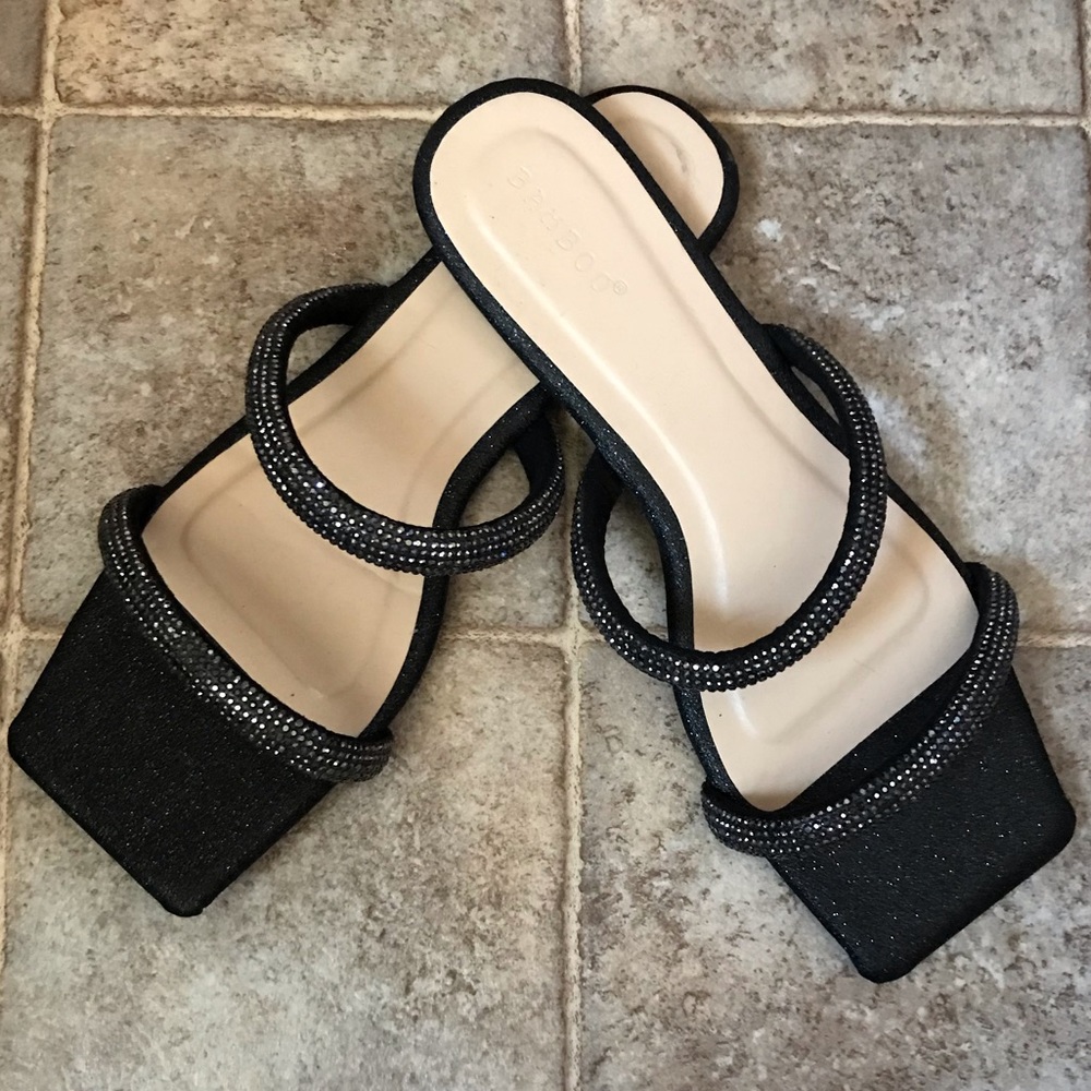 Glittery Square-Toe Kitten Sandals